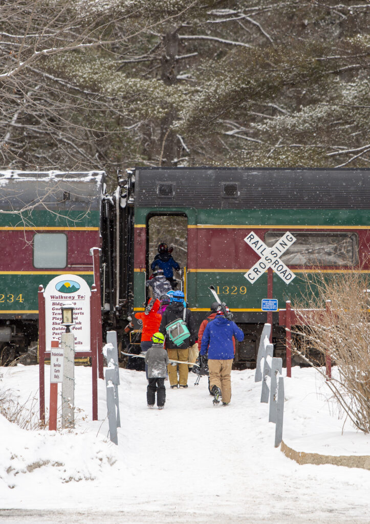 Winter scenic train rides in the White Mountains, New Hampshire near North Conway and Attitash Mountain Village