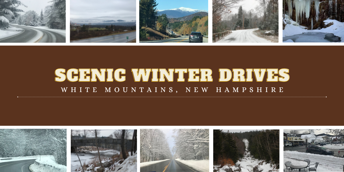 Scenic winter drives in the White Mountains, New Hampshire near North Conway and Attitash Mountain Village
